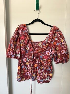 Anthropologie Rust Floral Puff-Sleeve Tie-Front Blouse